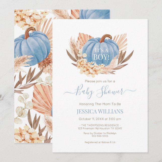Invitación Boho Pampas Pumpkin blue baby shower (Anverso / Reverso)