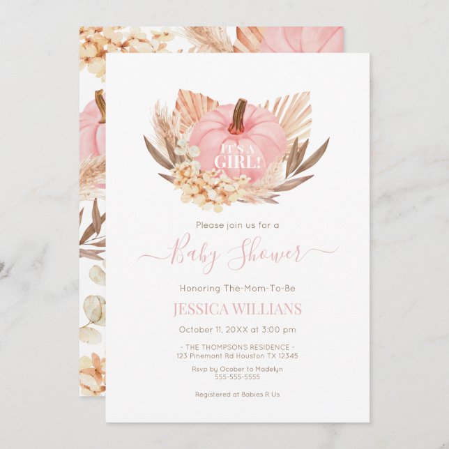 Invitación Boho Pampas Pumpkin pink baby shower (Anverso / Reverso)