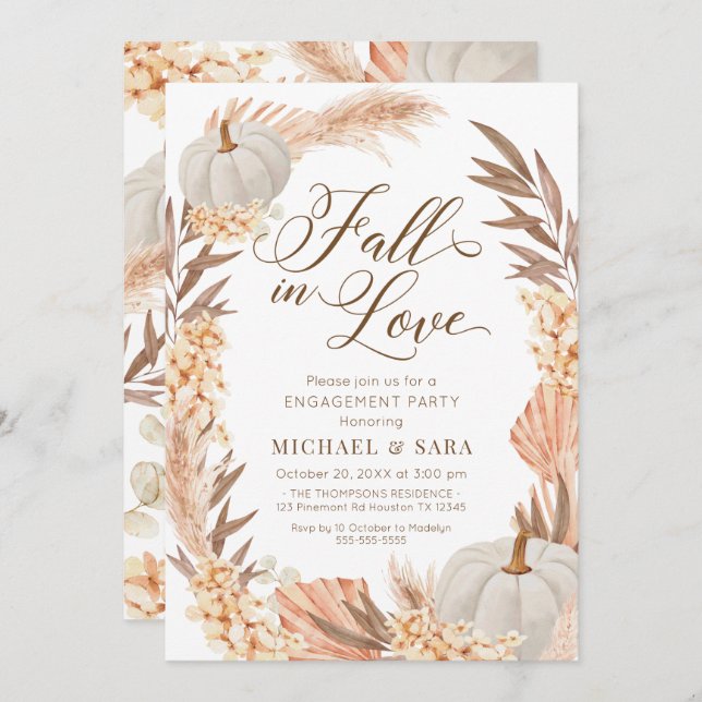 Invitación Boho Pampas Pumpkin White Fall Engageme (Anverso / Reverso)