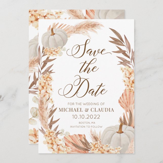 Invitación Boho Pampas Pumpkin White Fall Save the Date (Anverso / Reverso)