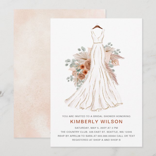 Invitación Boho Pampas Purpurina Boda vestida ducha de novia (Anverso / Reverso)