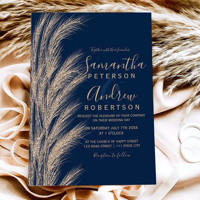 Invitación Boho pampas purpurina de oro de pasto boda azul ma (Subido por el creador)