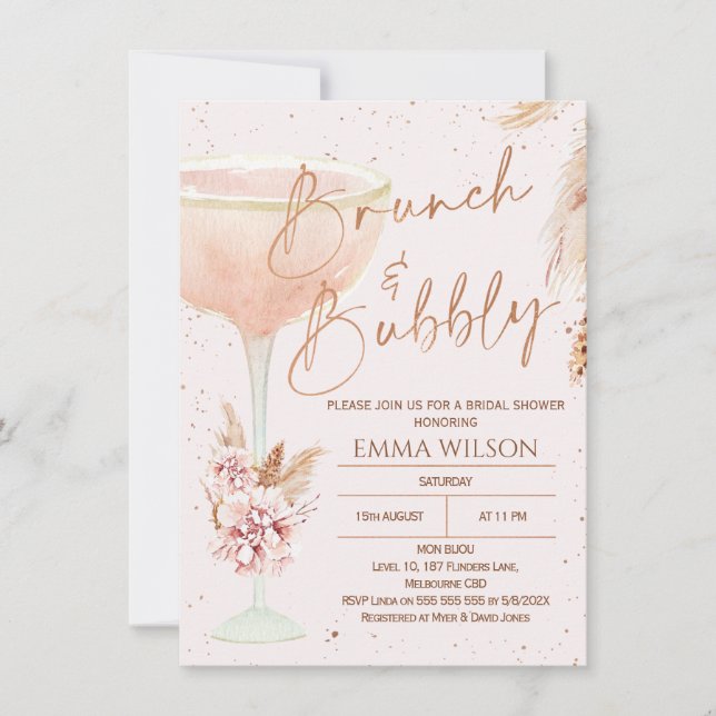 Invitación Boho Pampas Rosa Brunch Bubbble Bridal Shower (Anverso)
