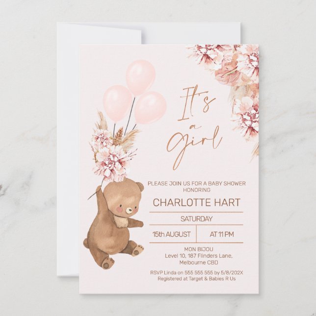 Invitación Boho Pampas Rosa Globos de Oro Baby Shower (Anverso)