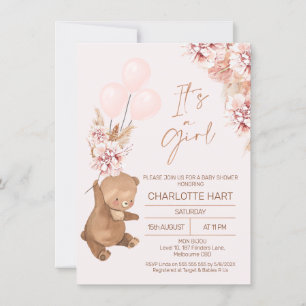Invitación Boho Pampas Rosa Globos de Oro Baby Shower
