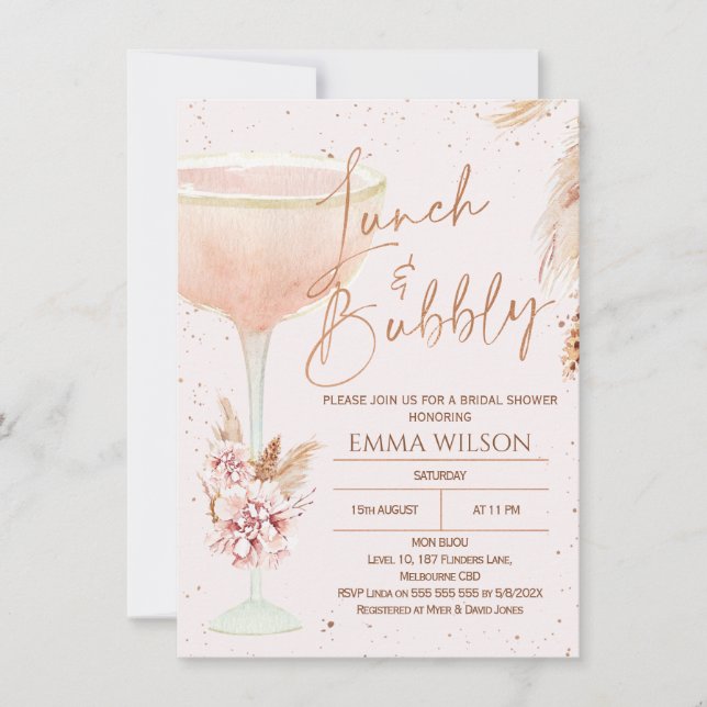Invitación Boho Pampas Rosa Gold Lunch Bubbly Bridal Shower (Anverso)
