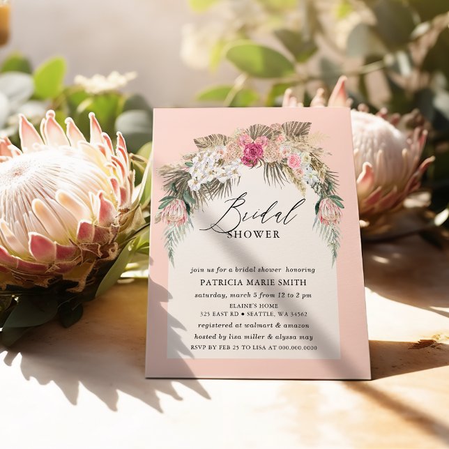 Invitación Boho Pampas Rubor Floral Bridal Shower (Boho Pampas Blush Floral Bridal Shower Invitation)