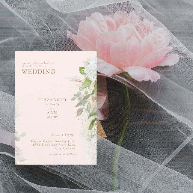 Invitación Boho Pampas Rubor White Hydraneas Boda (Subido por el creador)