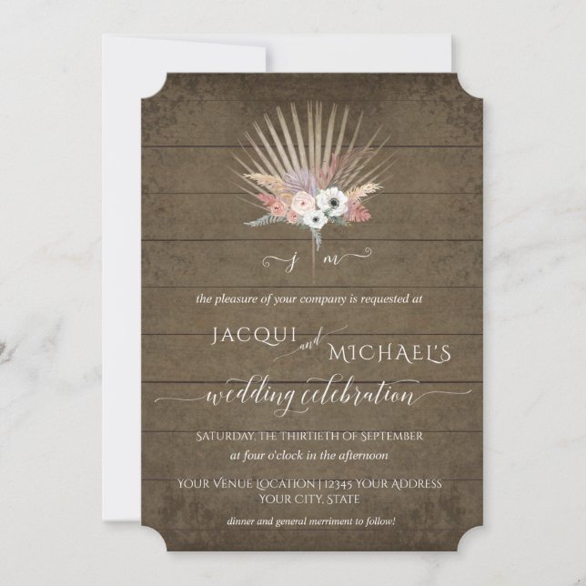 Invitación BOHO Pampas Rústico Madera Blanco Floral Palma Tro (Anverso)