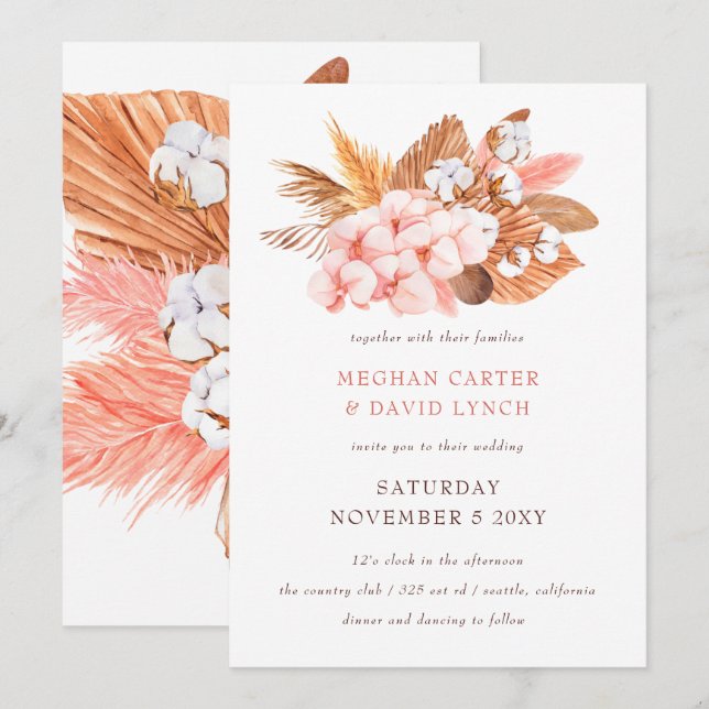 Invitación Boho Pampas Rústico Orchids Boda de Rubor Cotton (Anverso / Reverso)