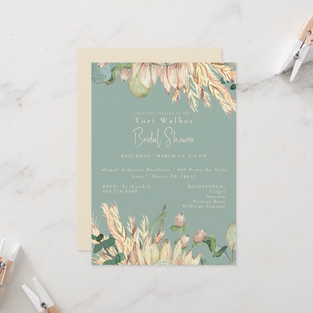 Invitación Boho Pampas Sage Bridal Shower (Anverso/Reverso In Situ)