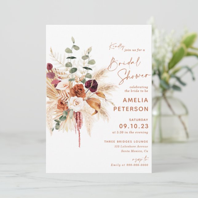 Invitación Boho Pampas Terracotta Bridal Shower Invitation (Anverso de pie)