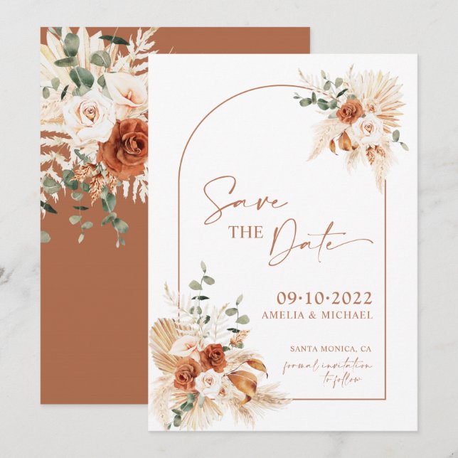 Invitación Boho Pampas Terracotta Rust Ahorra La Fecha LEYLA (Anverso / Reverso)