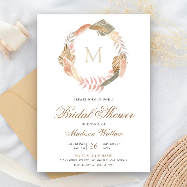 Invitación Boho Pampas Wreath Dried Palm deja ducha de novia (Subido por el creador)