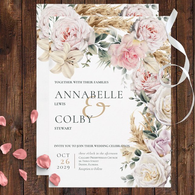 Invitación Boho Pampas y Boda de Crema de rosas rosadas (Subido por el creador)