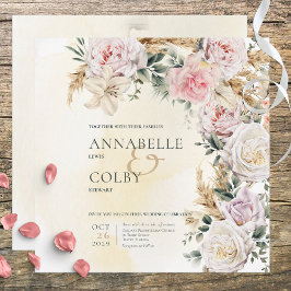 Invitación Boho Pampas y Boda de Crema Plaza de Rosas Rosadas