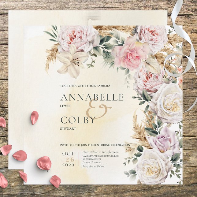 Invitación Boho Pampas y Boda de Crema Plaza de Rosas Rosadas (Subido por el creador)