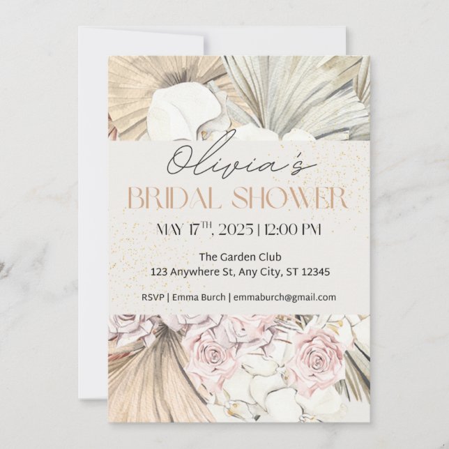 Invitación Boho Pampas y la ducha de novias Rosa de Rubor (Anverso)