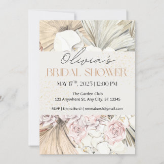 Invitación Boho Pampas y la ducha de novias Rosa de Rubor