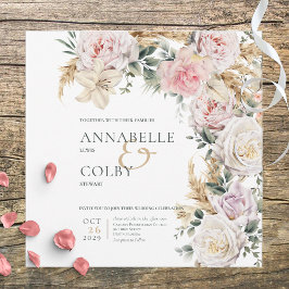 Invitación Boho Pampas y rosas rosas rosadas Boda blanco