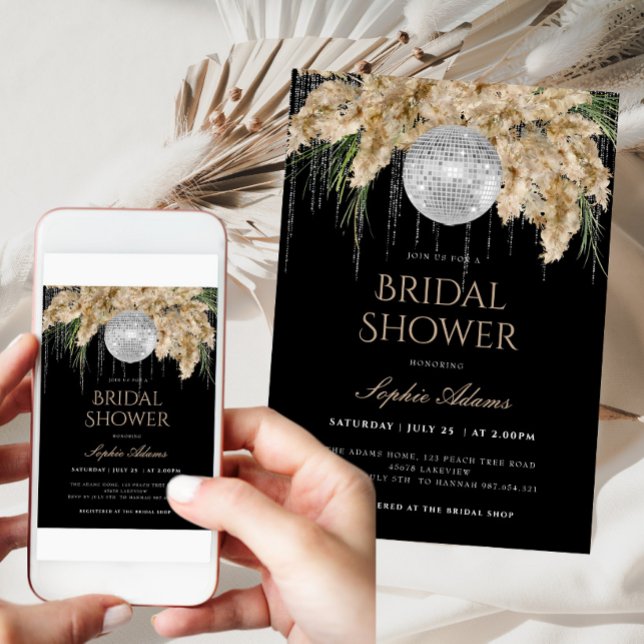 Invitación Boho Papmas Grass Disco Ball Ducha de novia negra (Subido por el creador)