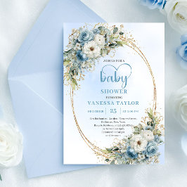 Invitación Boho Pastel Blue Floral Eucalyptus Gold Shower 