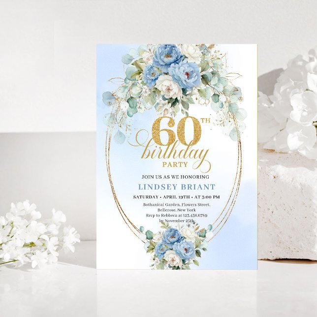 Invitación Boho Pastel blue peony greenery gold 60th birthday (Pastel blue peony greenery gold 60th birthday invitation)