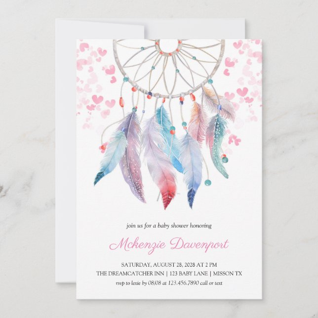 Invitación Boho Pastel Feathers Dreamcatcher Chica Baby Showe (Anverso)