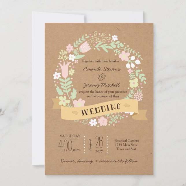 Invitación Boho Pastel Floral Wreath Rústico Boda (Anverso)
