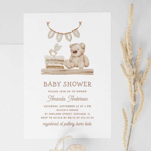 Invitación Boho Pastel Teddy Bear | Baby Shower neutro suave (Subido por el creador)