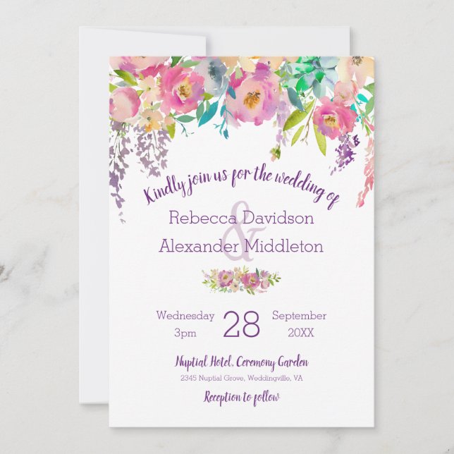 Invitación Boho Pastel Watercolor Floral Boda (Anverso)