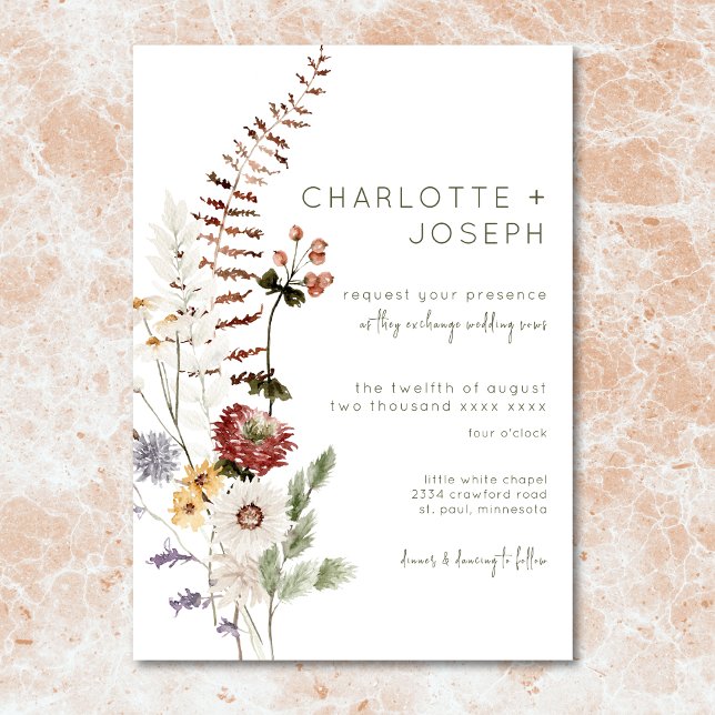 Invitación Boho Pastel Wildflowers Boda Floral Moderna (Boho Terracotta Peach & Cream Floral Green Wedding Invitation)