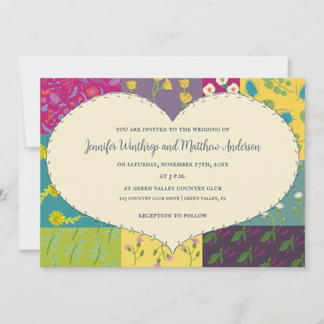 Invitación Boho Patchwork Quilt and Heart Shape Boda (Anverso)