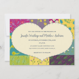 Invitación Boho Patchwork Quilt and Heart Shape Boda