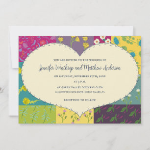 Invitación Boho Patchwork Quilt and Heart Shape Boda