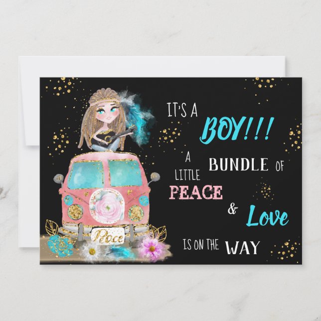 Invitación * Boho Peace & Love Hippie Car Bus Baby Boy  (Anverso)