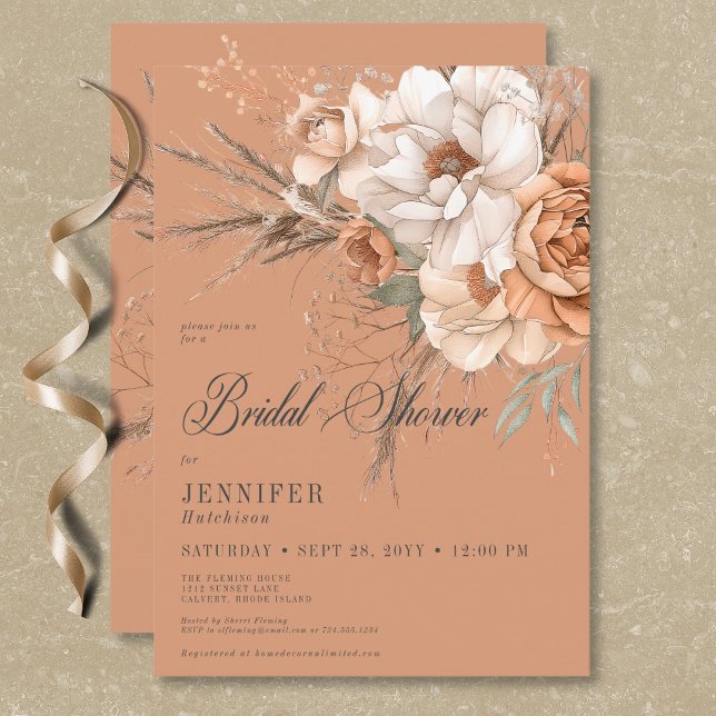 Invitación Boho Peach & Cream Floral Rust Bridal Shower (Boho Peach & Cream Floral Rust Bridal Shower Invitation)