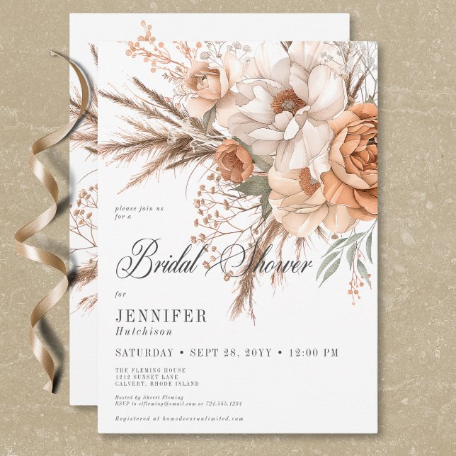 Invitación Boho Peach & Cream Floral White Bridal Shower (Boho Peach & Cream Floral White Bridal Shower Invitation)