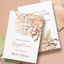 Invitación Boho Peach flor bautismo