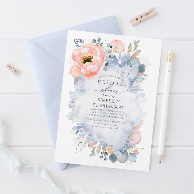 Invitación Boho Peach flor suave Dusty Blue Bridal Shower (Subido por el creador)