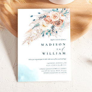 Invitación Boho Peach Flowers Turquoise Watercolor Boda
