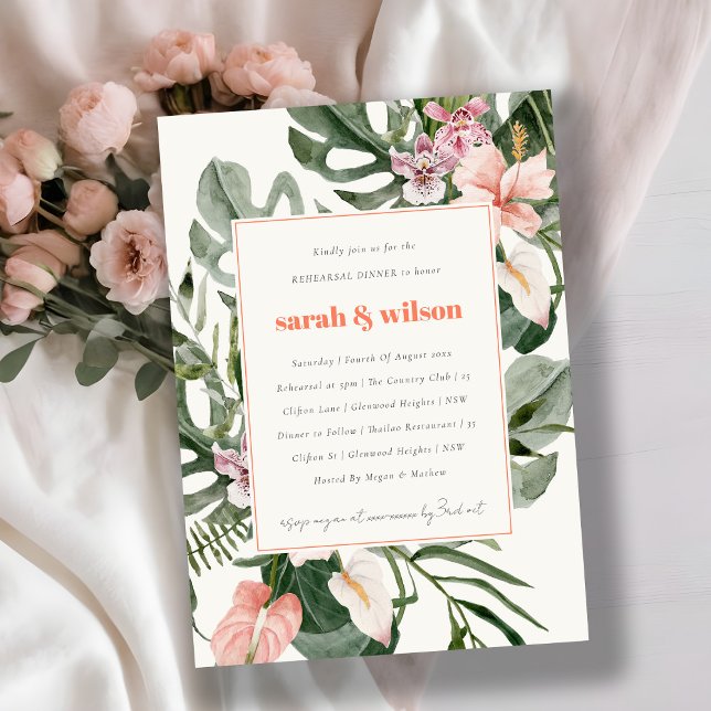 Invitación Boho Peach Rubor Tropical Floral Ensayo de la cena (Subido por el creador)