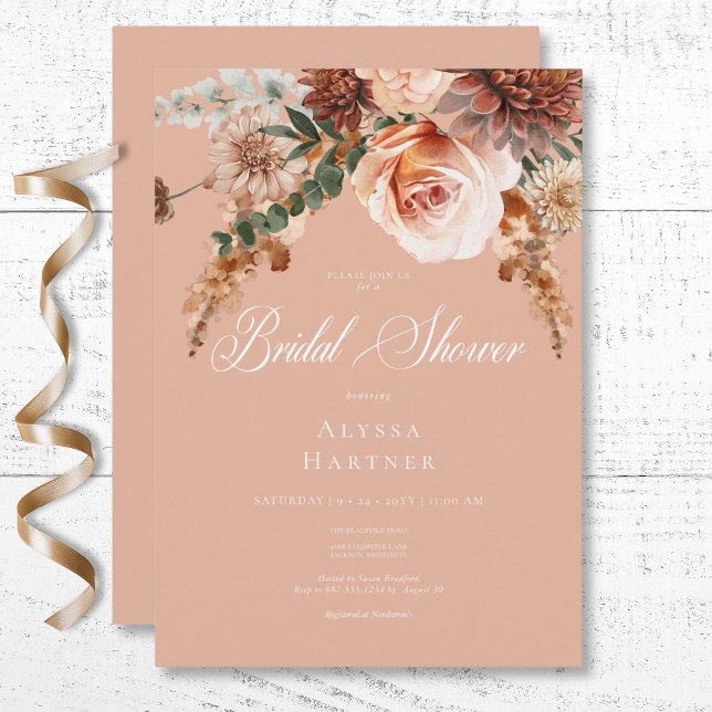 Invitación Boho Peach & Rust Fleach Rubor Brillante (Boho Peach & Rust Floral Peach Blush Bridal Shower Invitation)