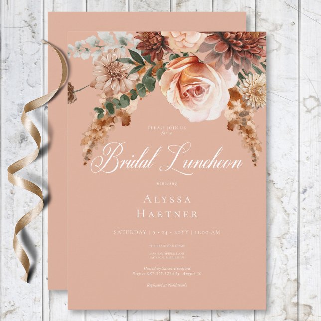 Invitación Boho Peach & Rust Floral Peach Rubor Bridal Lunch (Boho Peach & Rust Floral Peach Blush Bridal Lunch Invitation)