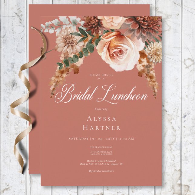 Invitación Boho Peach & Rust Floral Rust Bridal Luncheon (Boho Peach & Rust Floral Rust Bridal Luncheon Invitation)