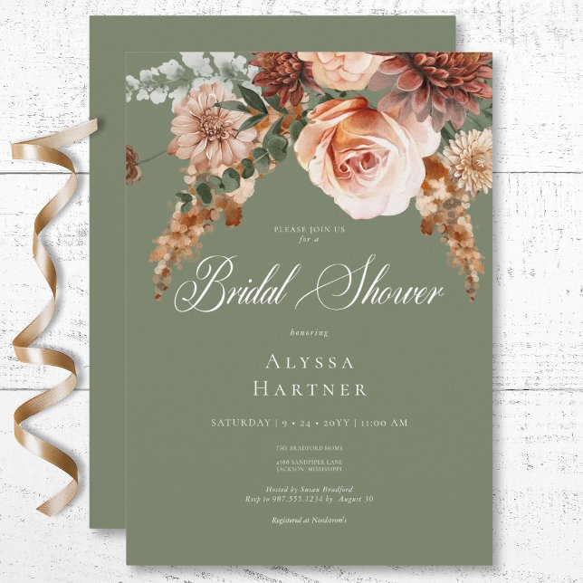 Invitación Boho Peach & Rust Floral Sage Green Bridal Shower (Boho Peach & Rust Floral Sage Green Bridal Shower Invitation)