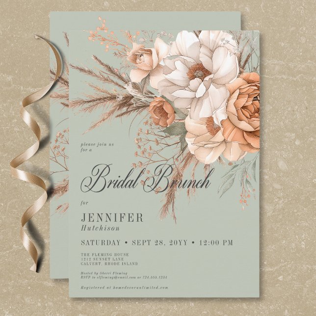 Invitación Boho Peach y Cream Floral Green Bridal Brunch (Boho Peach & Cream Floral Green Bridal Brunch Invitation)