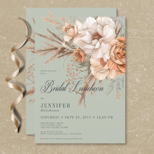Invitación Boho Peach y Cream Floral Green Bridal Luncheon