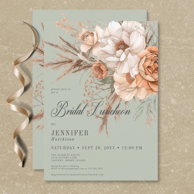 Invitación Boho Peach y Cream Floral Green Bridal Luncheon (Boho Peach & Cream Floral Green Bridal Luncheon Invitation)