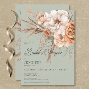 Invitación Boho Peach y Cream Floral Green Bridal Shower